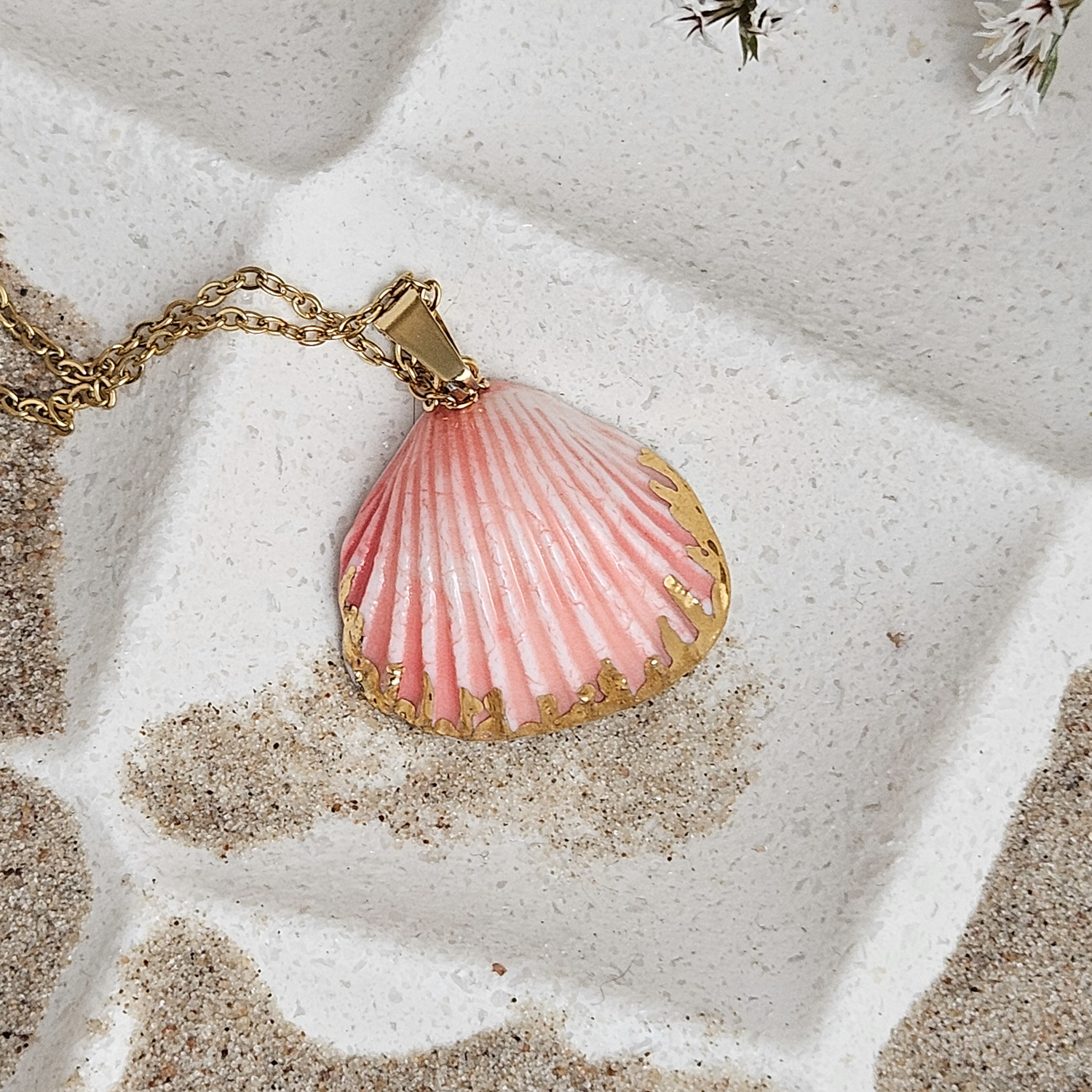 Rose pink fine ceramic porcelain designer necklace - authentic Mediterranean shell imprint with 22k gold plating and pearl