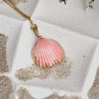 Rose pink fine ceramic porcelain designer necklace - authentic Mediterranean shell imprint with 22k gold plating and pearl
