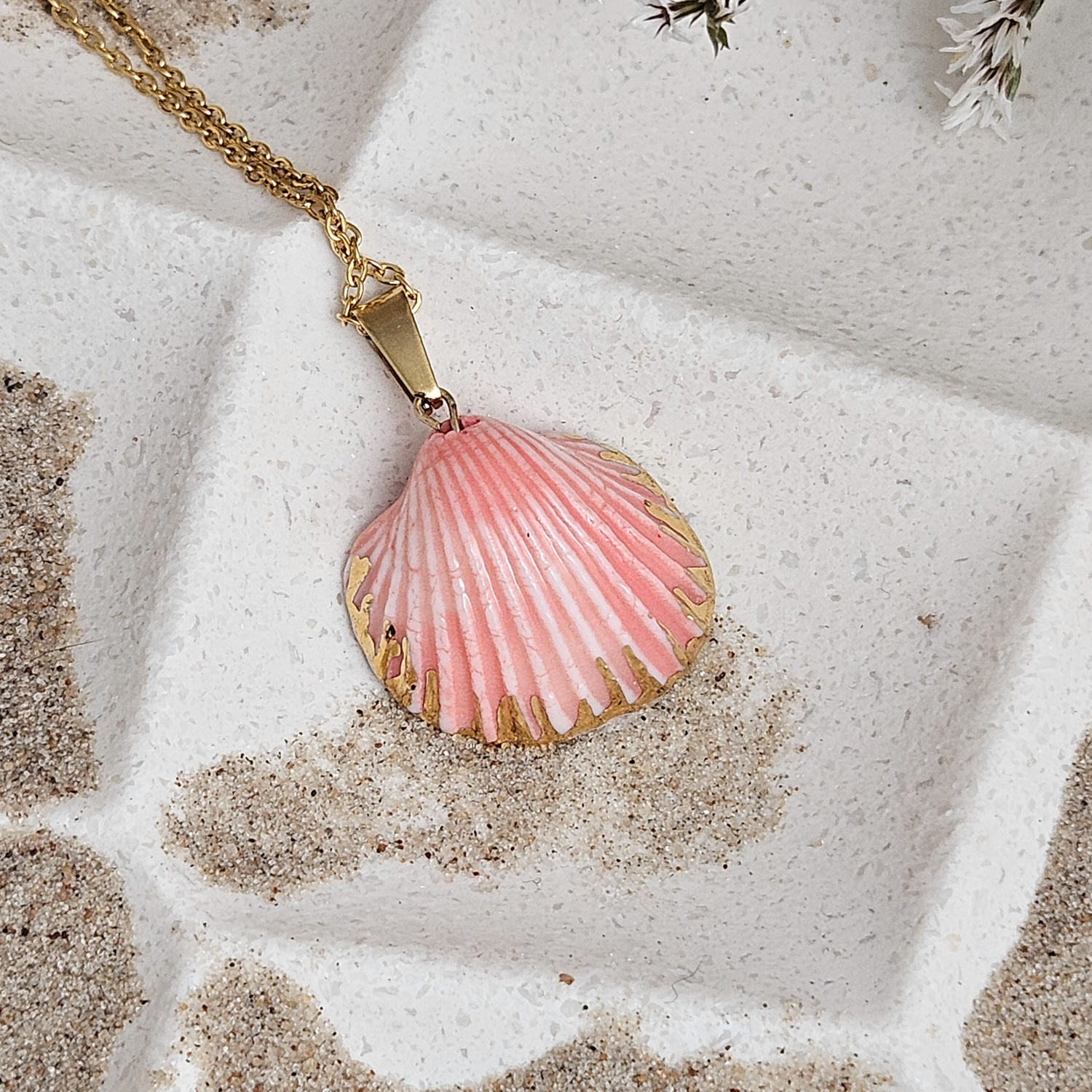 Rose pink fine ceramic porcelain designer necklace - authentic Mediterranean shell imprint with 22k gold plating and pearl