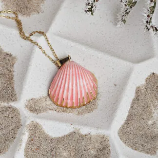 Rose pink fine ceramic porcelain designer necklace - authentic Mediterranean shell imprint with 22k gold plating and pearl