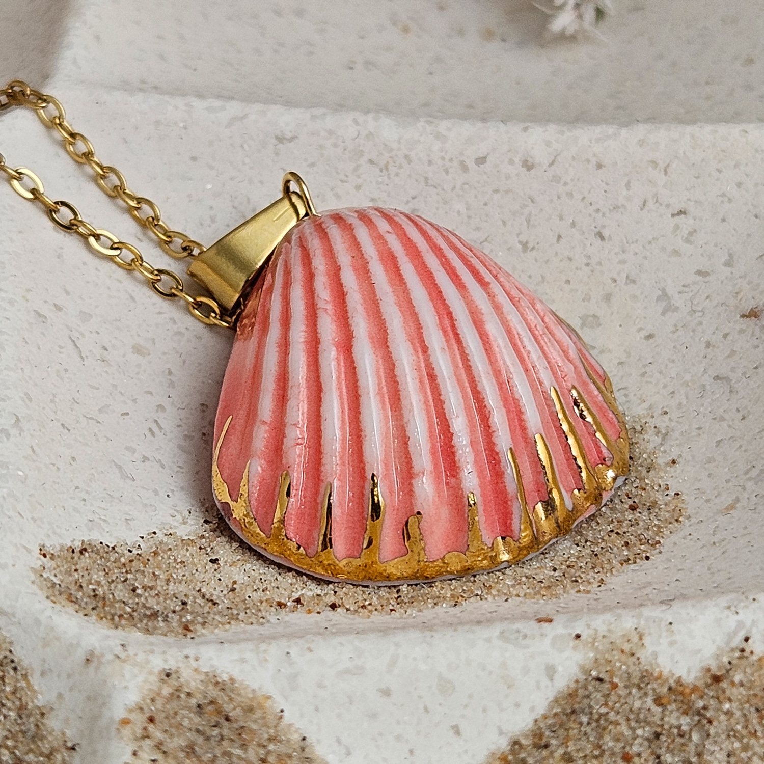Rose pink fine ceramic porcelain designer necklace - authentic Mediterranean shell imprint with 22k gold plating and pearl - Image 2