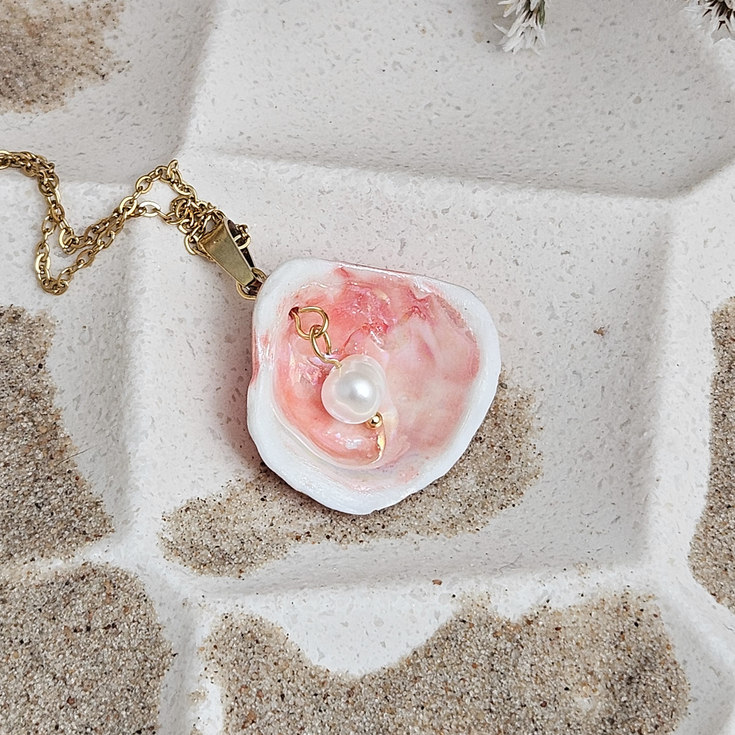 Rose pink fine ceramic porcelain designer necklace - authentic Mediterranean shell imprint with 22k gold plating and pearl - Image 3