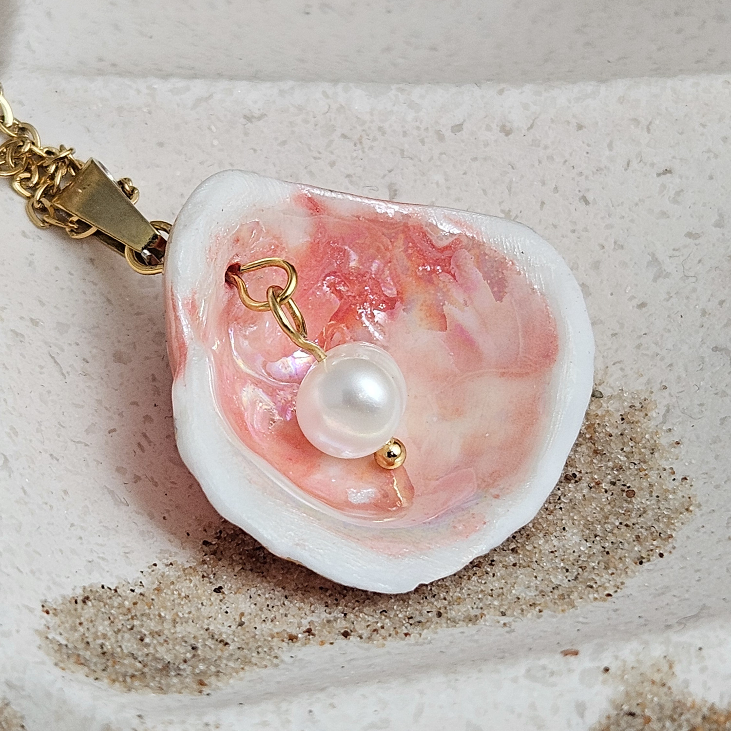 Rose pink fine ceramic porcelain designer necklace - authentic Mediterranean shell imprint with 22k gold plating and pearl - Image 4