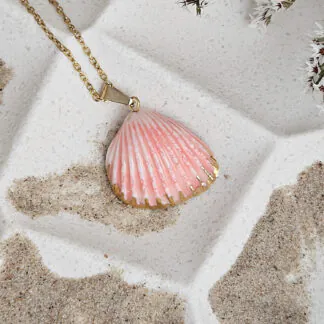 Rose pink fine ceramic porcelain designer necklace - authentic Mediterranean shell imprint with 22k gold plating and pearl