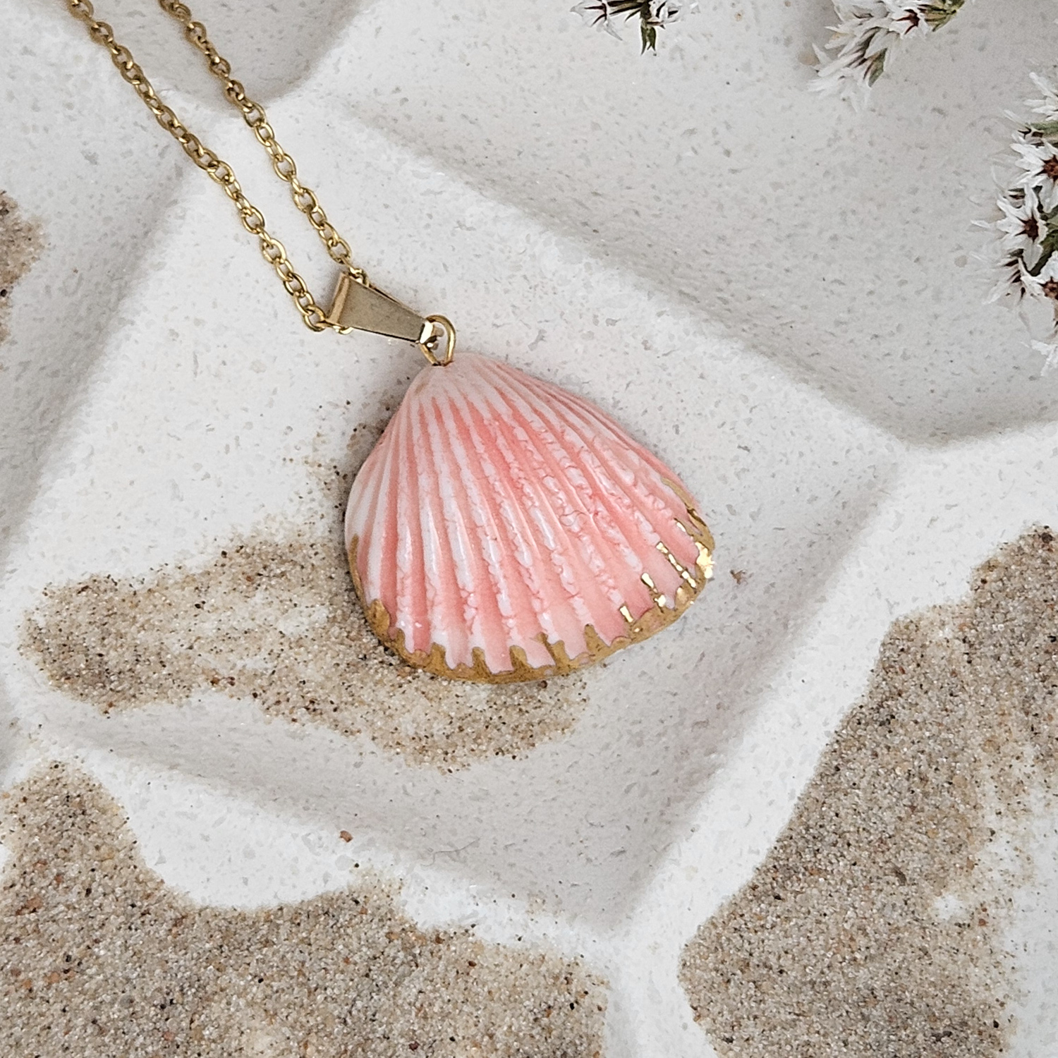 Rose pink fine ceramic porcelain designer necklace - authentic Mediterranean shell imprint with 22k gold plating and pearl