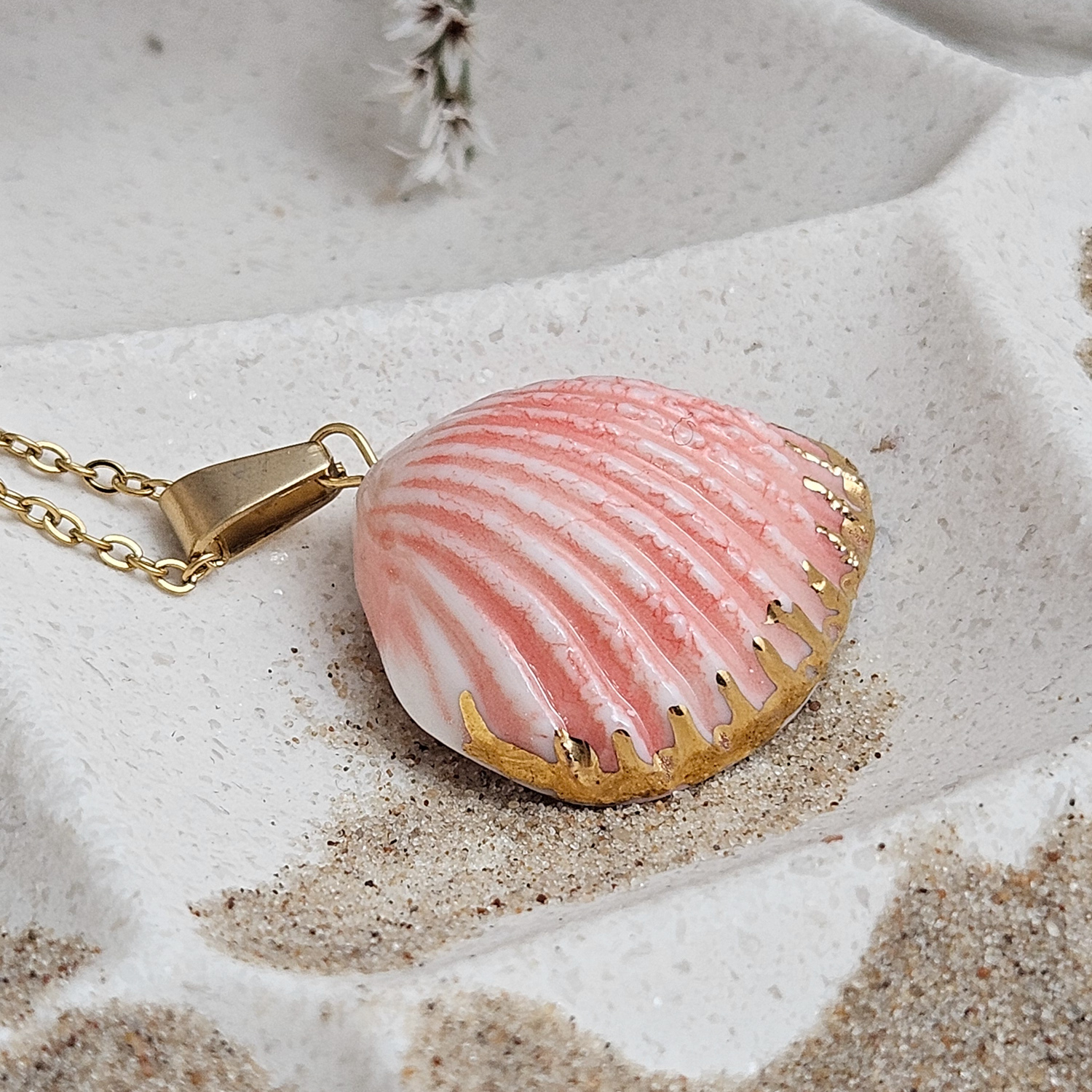 Rose pink fine ceramic porcelain designer necklace - authentic Mediterranean shell imprint with 22k gold plating and pearl - Image 2