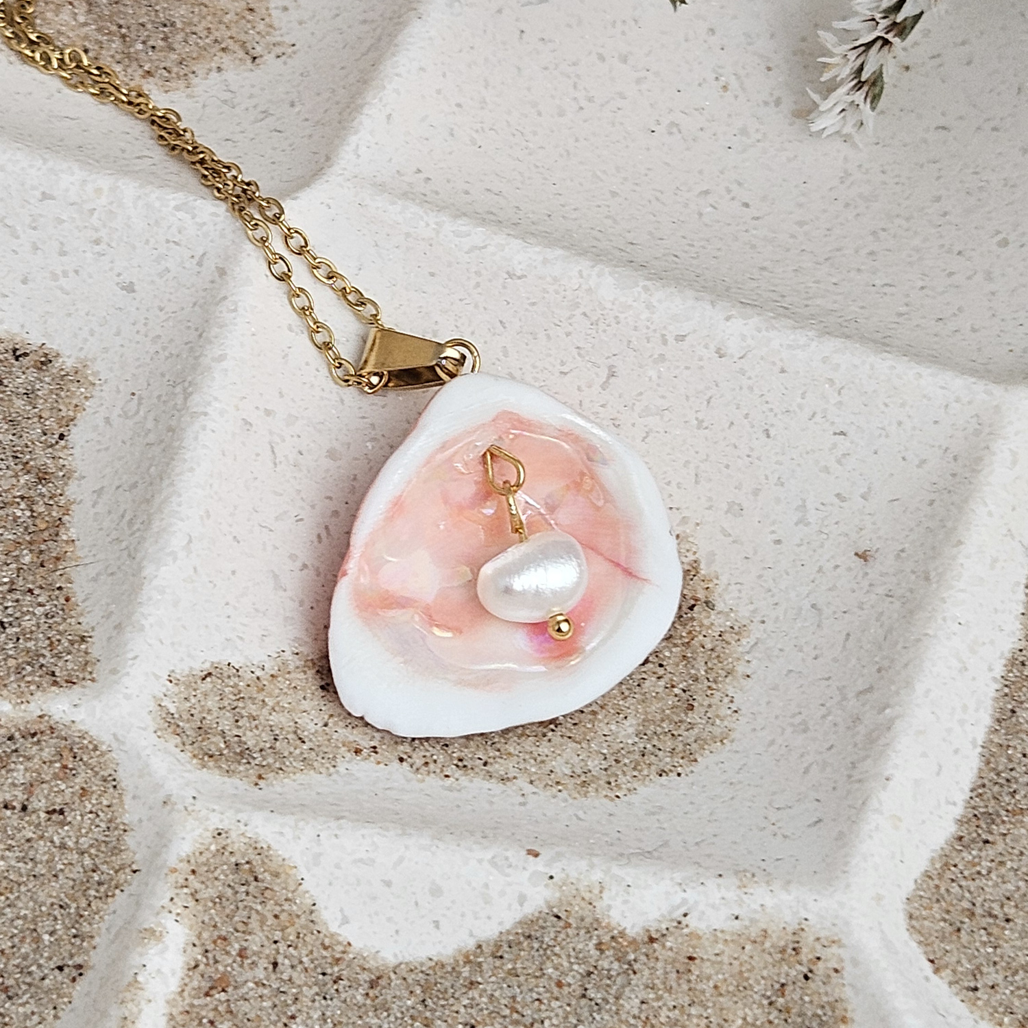 Rose pink fine ceramic porcelain designer necklace - authentic Mediterranean shell imprint with 22k gold plating and pearl - Image 3