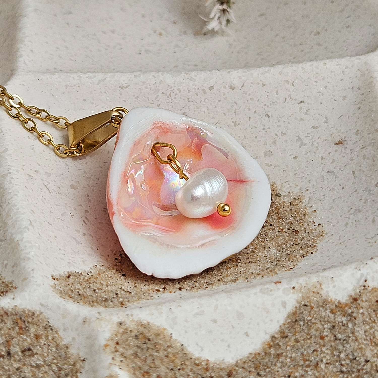 Rose pink fine ceramic porcelain designer necklace - authentic Mediterranean shell imprint with 22k gold plating and pearl - Image 4