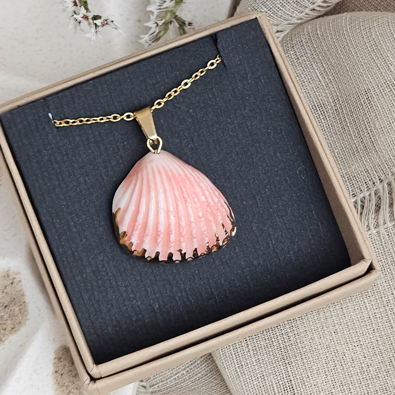 Rose pink fine ceramic porcelain designer necklace - authentic Mediterranean shell imprint with 22k gold plating and pearl - Image 5
