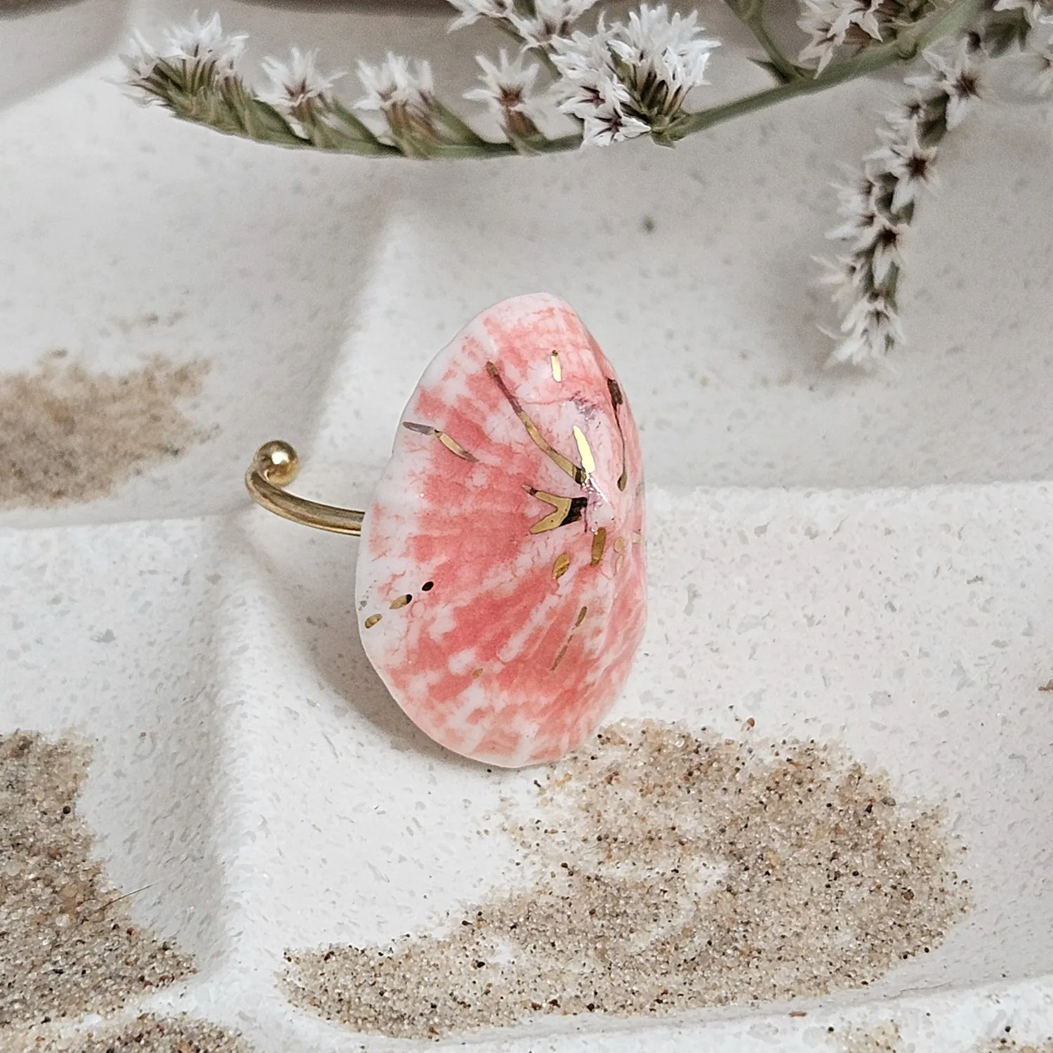 Adjustable ring with pink fine ceramic porcelain shell - authentic Mediterranean shell imprint with 22k gold plating