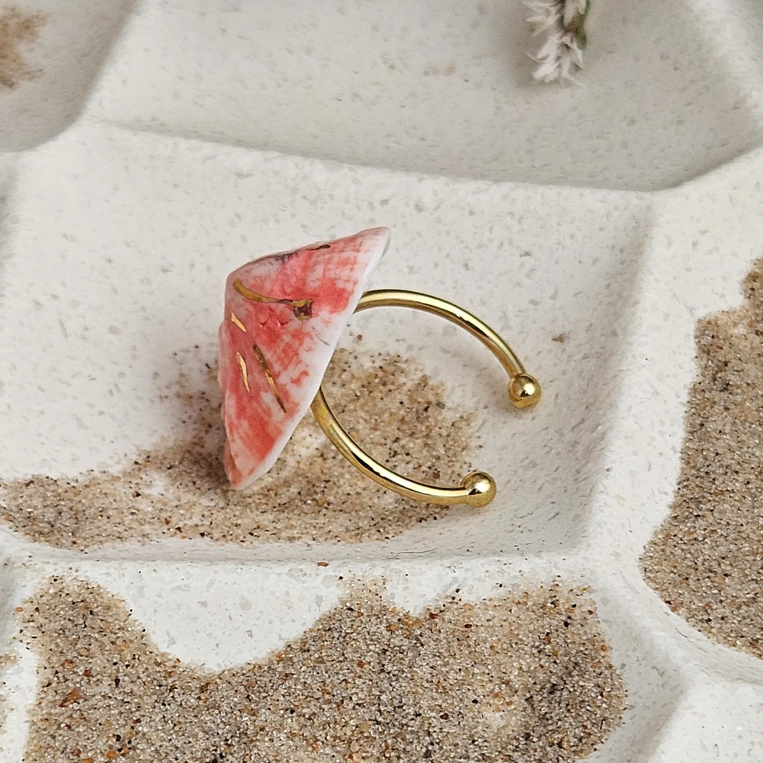 Adjustable ring with pink fine ceramic porcelain shell - authentic Mediterranean shell imprint with 22k gold plating - Image 3