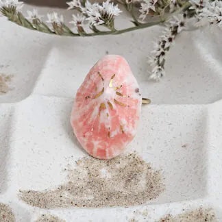 Adjustable ring with pink fine ceramic porcelain shell - authentic Mediterranean shell imprint with 22k gold plating