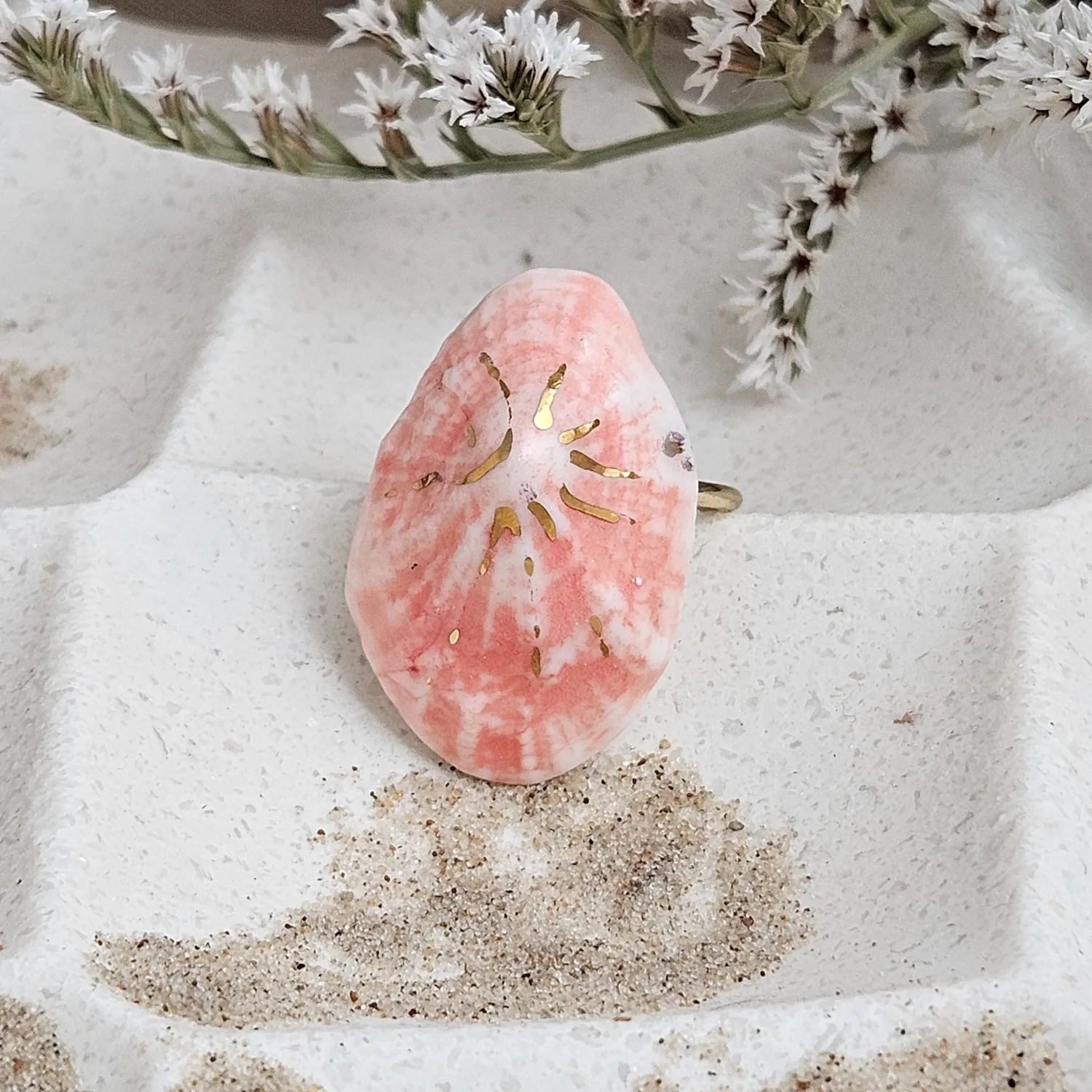 Adjustable ring with pink fine ceramic porcelain shell - authentic Mediterranean shell imprint with 22k gold plating