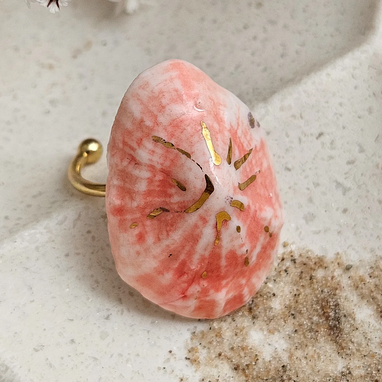 Adjustable ring with pink fine ceramic porcelain shell - authentic Mediterranean shell imprint with 22k gold plating - Image 3
