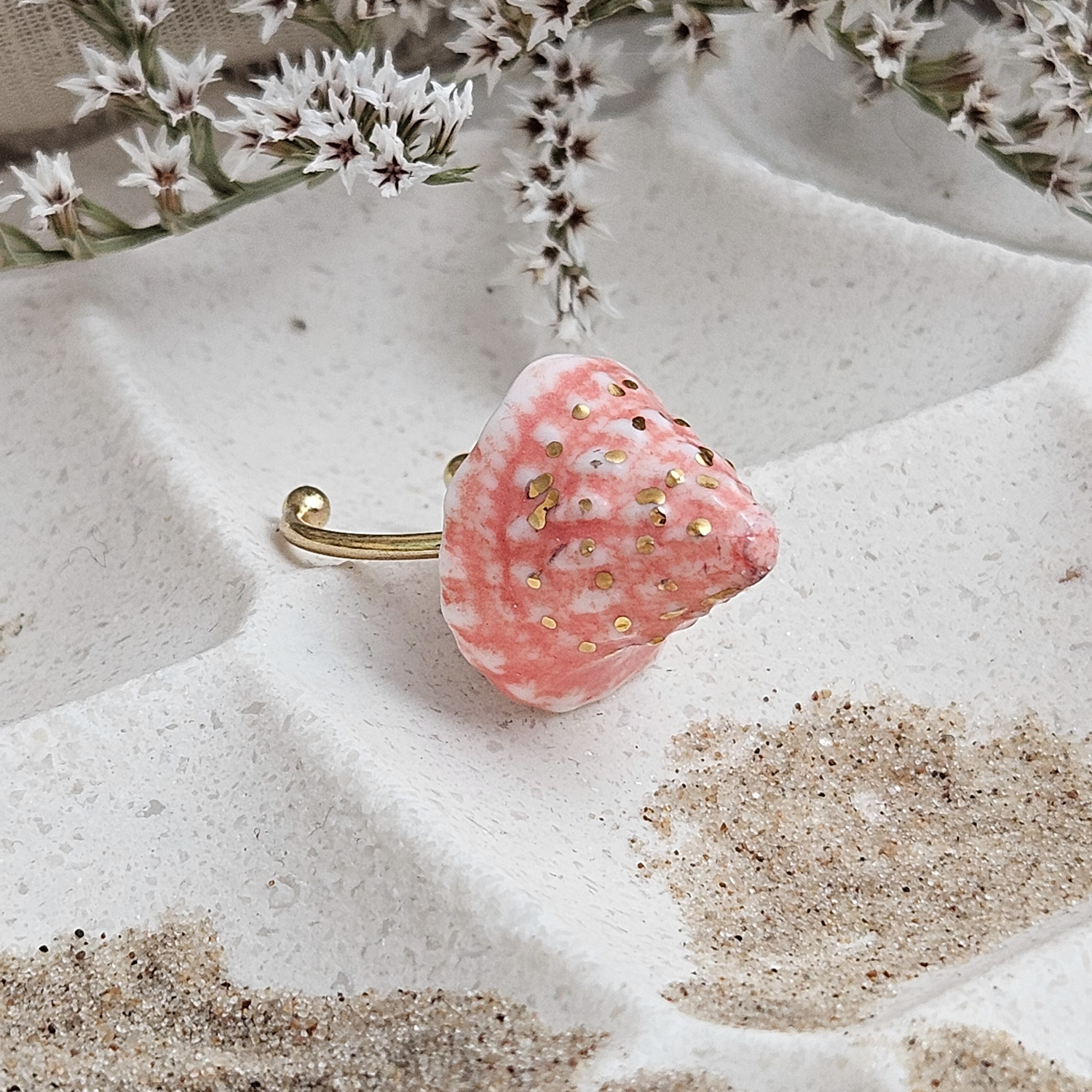 Adjustable ring with pink fine ceramic porcelain shell - authentic Mediterranean shell imprint with 22k gold plating