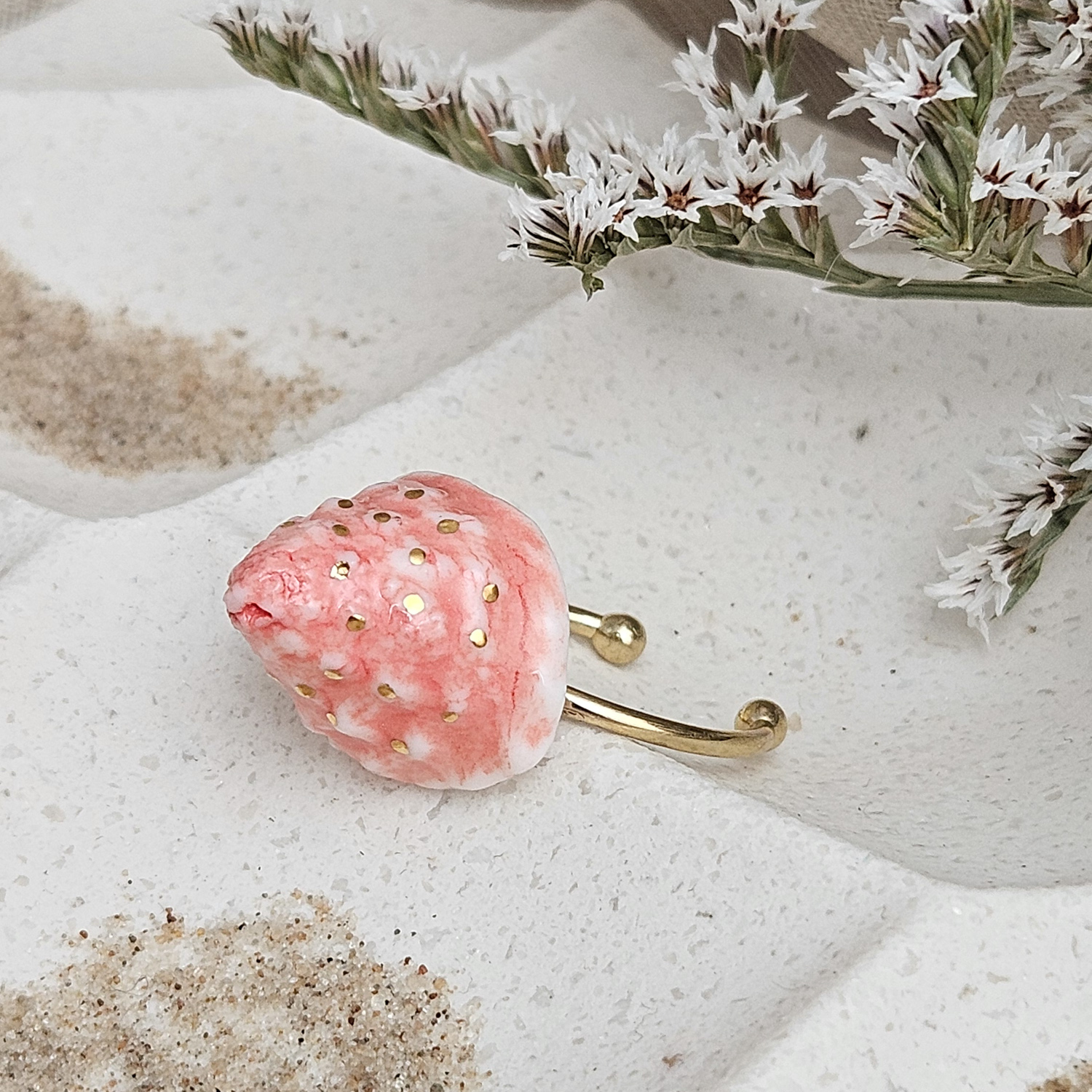 Adjustable ring with pink fine ceramic porcelain shell - authentic Mediterranean shell imprint with 22k gold plating