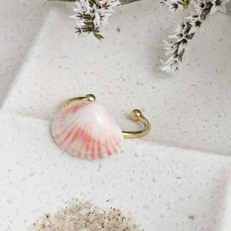 Adjustable ring with pink fine ceramic porcelain shell - authentic Mediterranean shell imprint