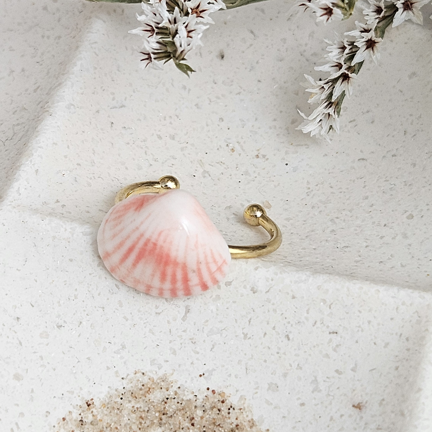 Adjustable ring with pink fine ceramic porcelain shell - authentic Mediterranean shell imprint