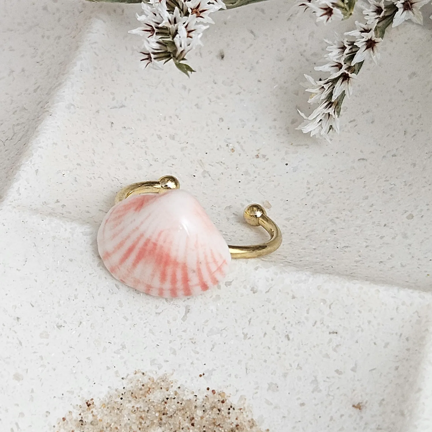 Adjustable ring with pink fine ceramic porcelain shell - authentic Mediterranean shell imprint