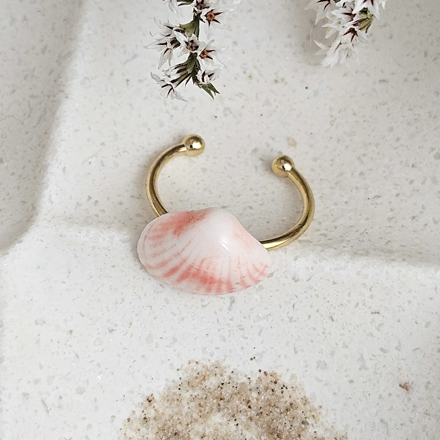 Adjustable ring with pink fine ceramic porcelain shell - authentic Mediterranean shell imprint - Image 3