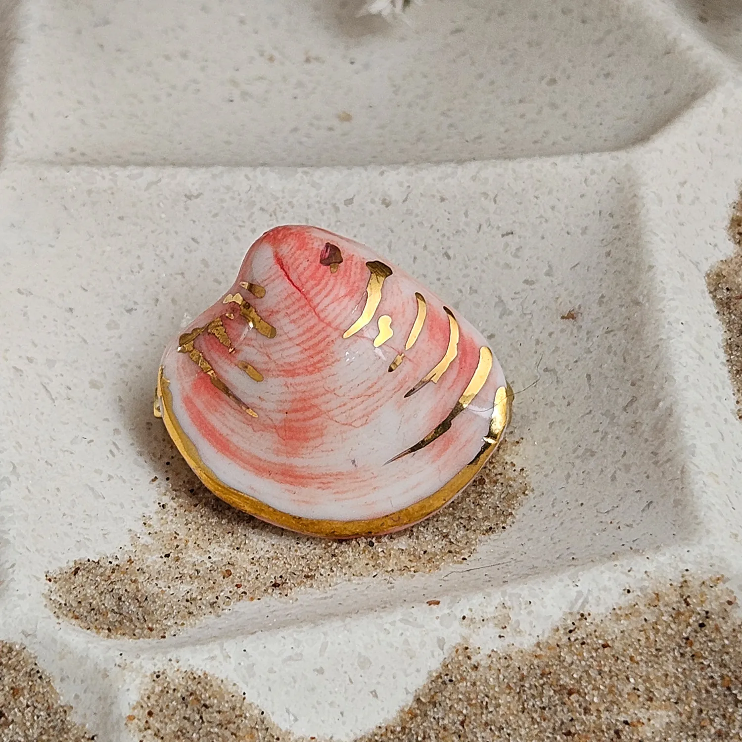 Pink ceramic brooch pin - authentic Mediterranean shell imprint with 22k gold plating