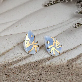 Cobalt blue fine ceramic porcelain hypoallergenic stud designer earrings for sensitive ears - hand-painted artisan shrimps with 22k gold plating