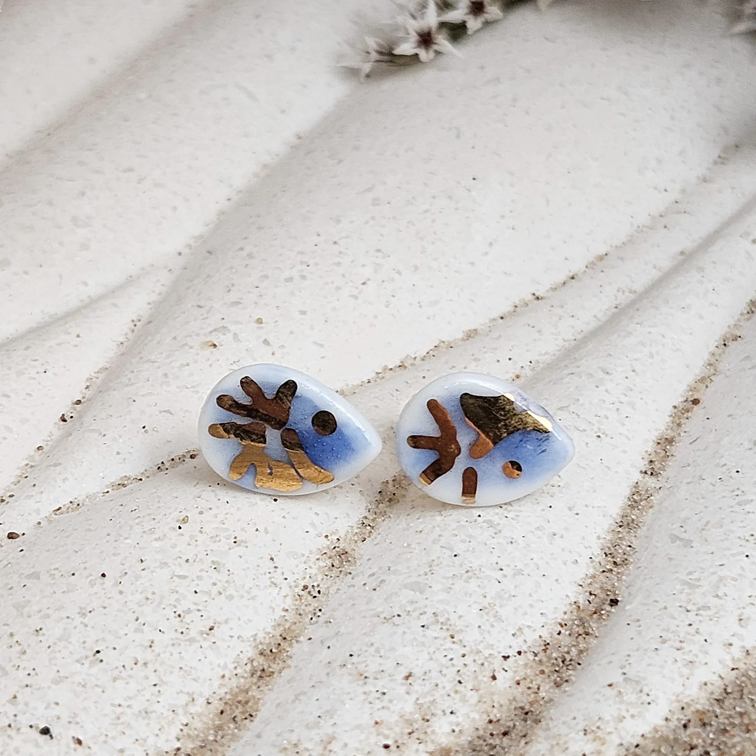 Cobalt blue fine ceramic porcelain hypoallergenic stud designer earrings for sensitive ears - hand-painted artisan shrimps with 22k gold plating