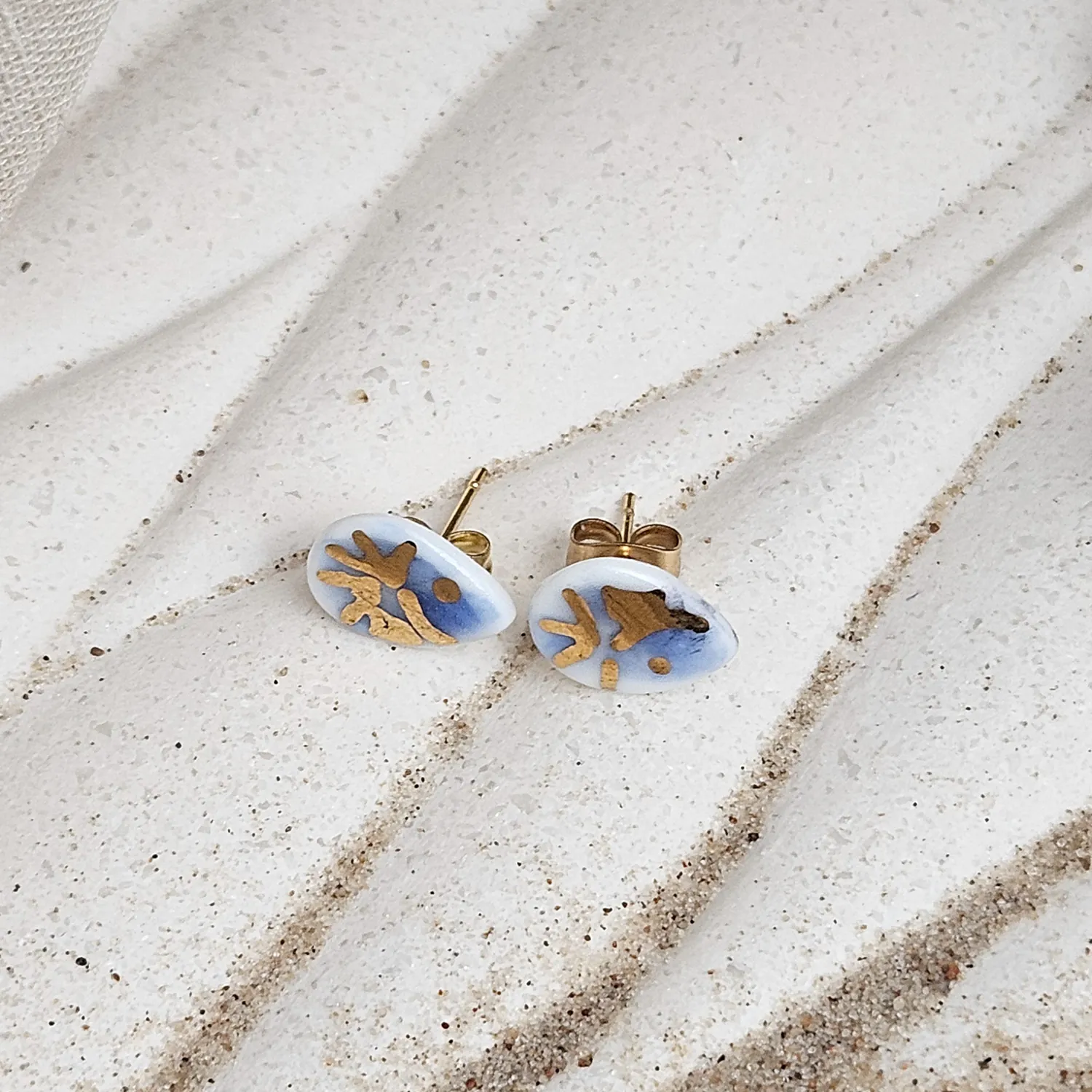Cobalt blue fine ceramic porcelain hypoallergenic stud designer earrings for sensitive ears - hand-painted artisan shrimps with 22k gold plating - Image 2