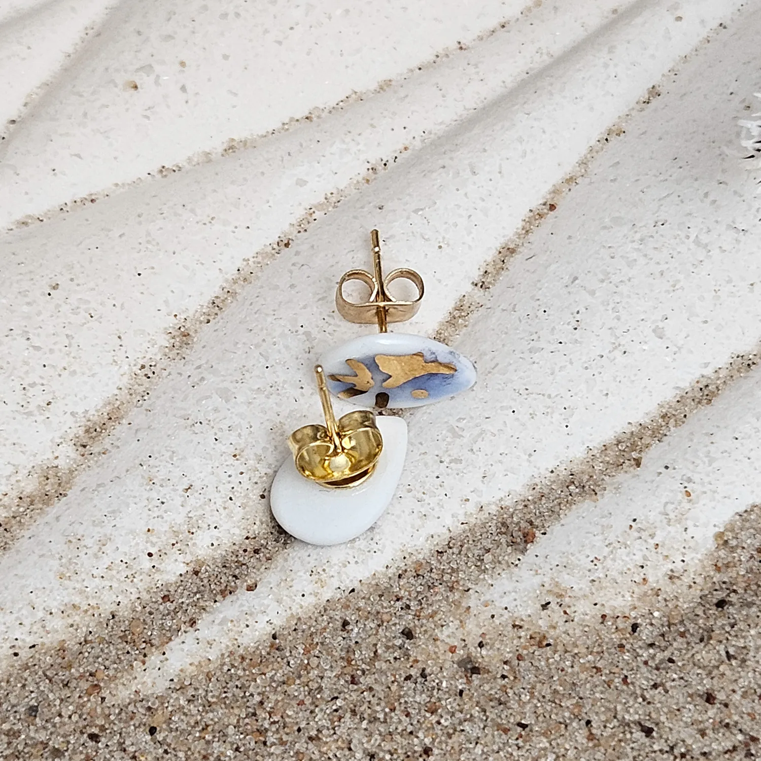 Cobalt blue fine ceramic porcelain hypoallergenic stud designer earrings for sensitive ears - hand-painted artisan shrimps with 22k gold plating - Image 3