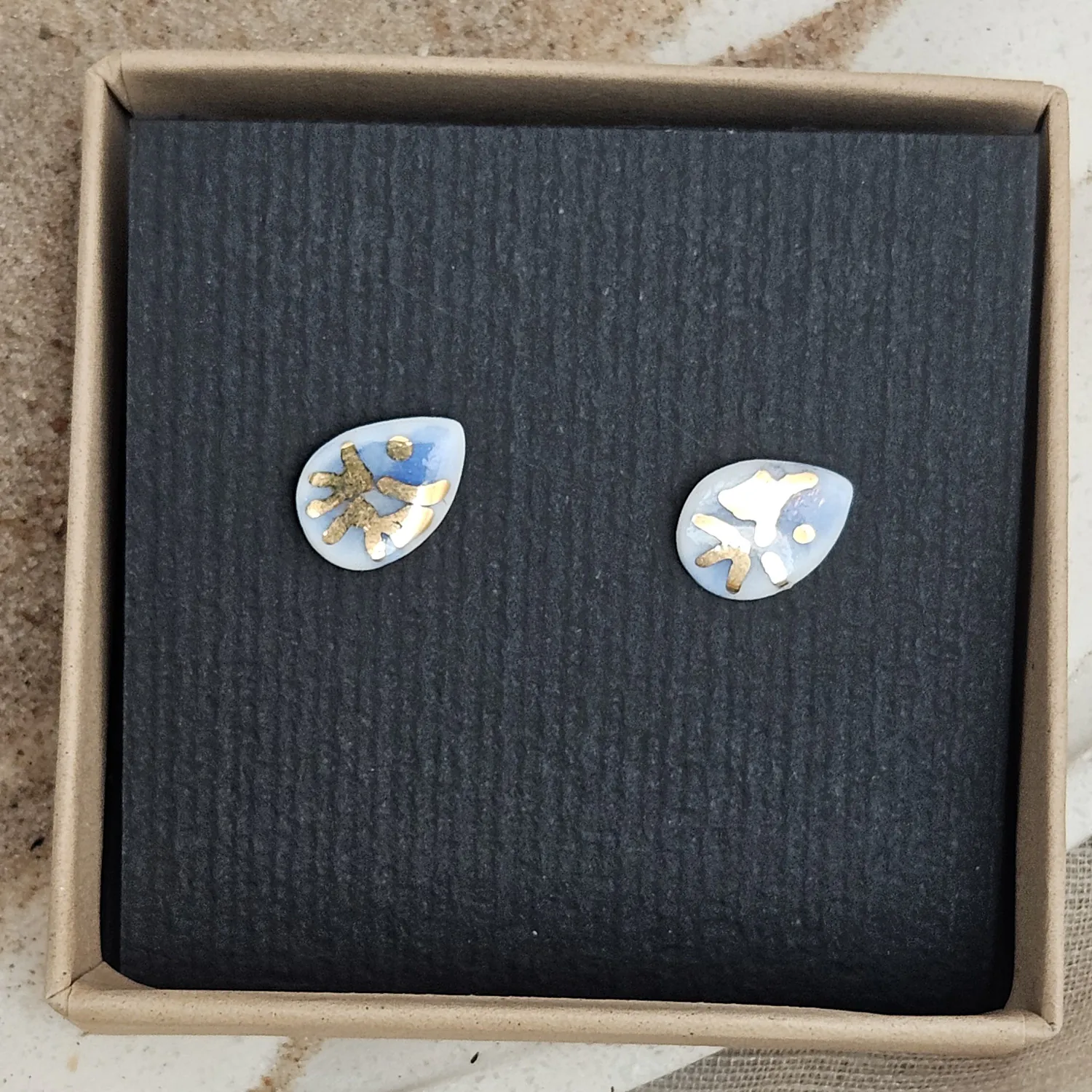 Cobalt blue fine ceramic porcelain hypoallergenic stud designer earrings for sensitive ears - hand-painted artisan shrimps with 22k gold plating - Image 4