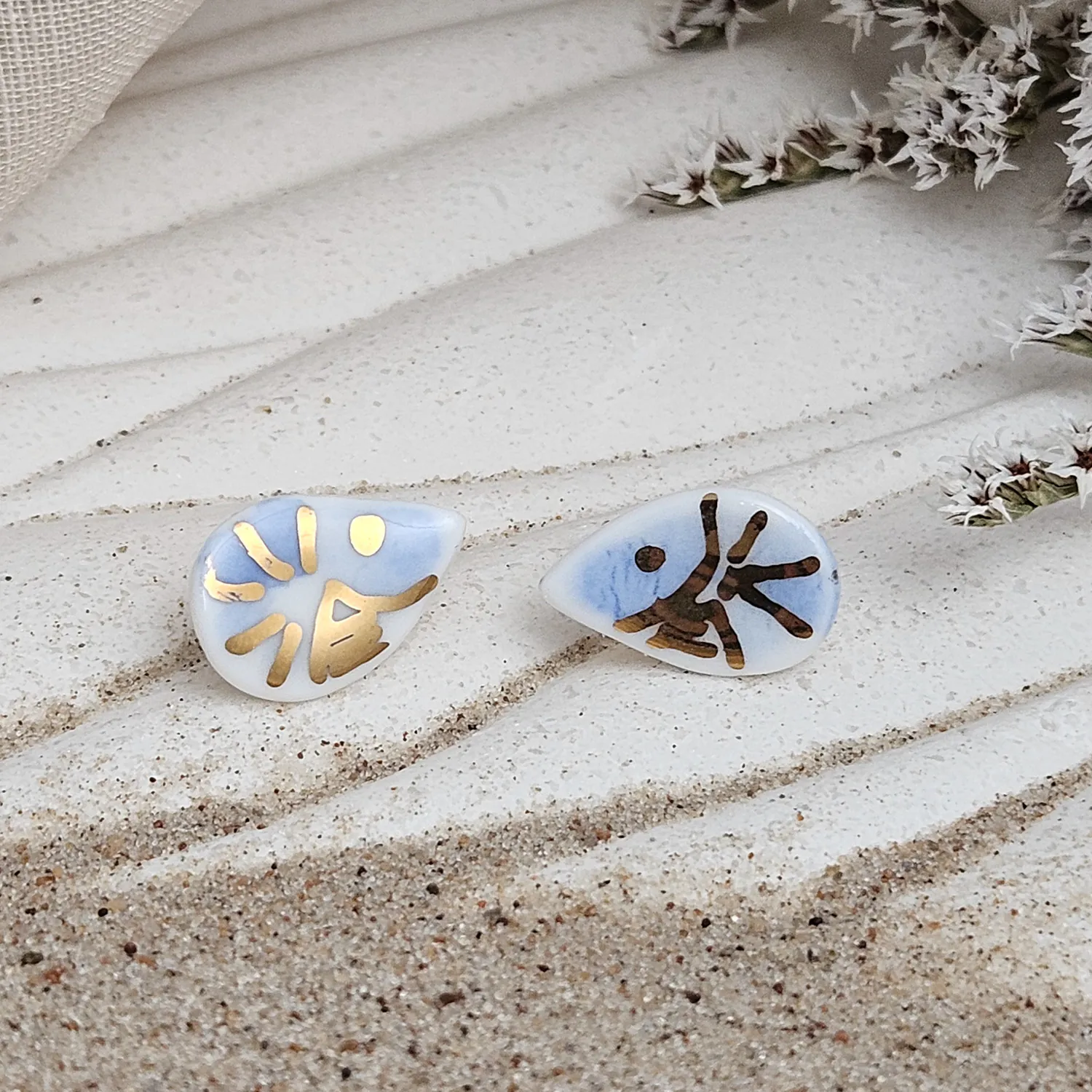 Cobalt blue fine ceramic porcelain hypoallergenic stud designer earrings for sensitive ears - hand-painted artisan shrimps with 22k gold plating