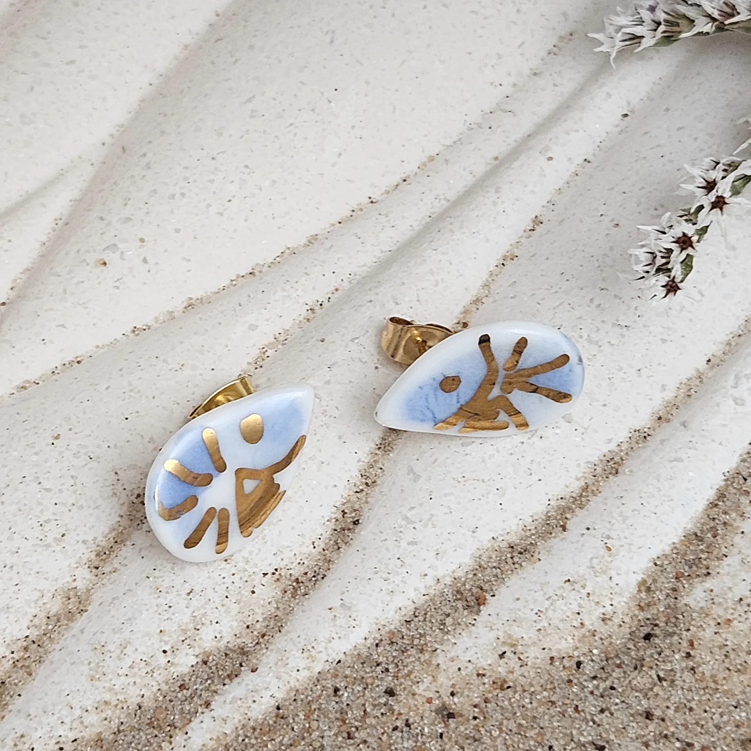 Cobalt blue fine ceramic porcelain hypoallergenic stud designer earrings for sensitive ears - hand-painted artisan shrimps with 22k gold plating - Image 2