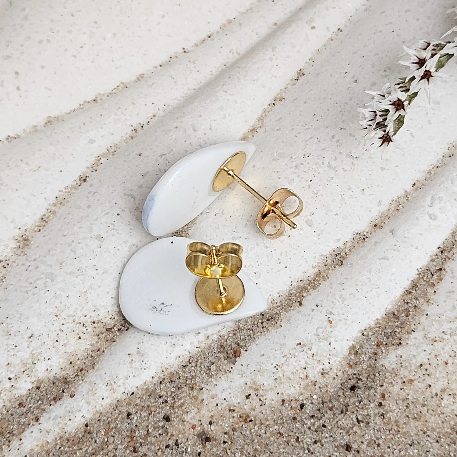 Cobalt blue fine ceramic porcelain hypoallergenic stud designer earrings for sensitive ears - hand-painted artisan shrimps with 22k gold plating - Image 3