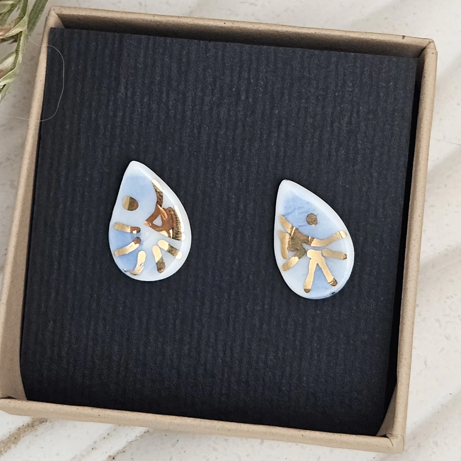 Cobalt blue fine ceramic porcelain hypoallergenic stud designer earrings for sensitive ears - hand-painted artisan shrimps with 22k gold plating - Image 4