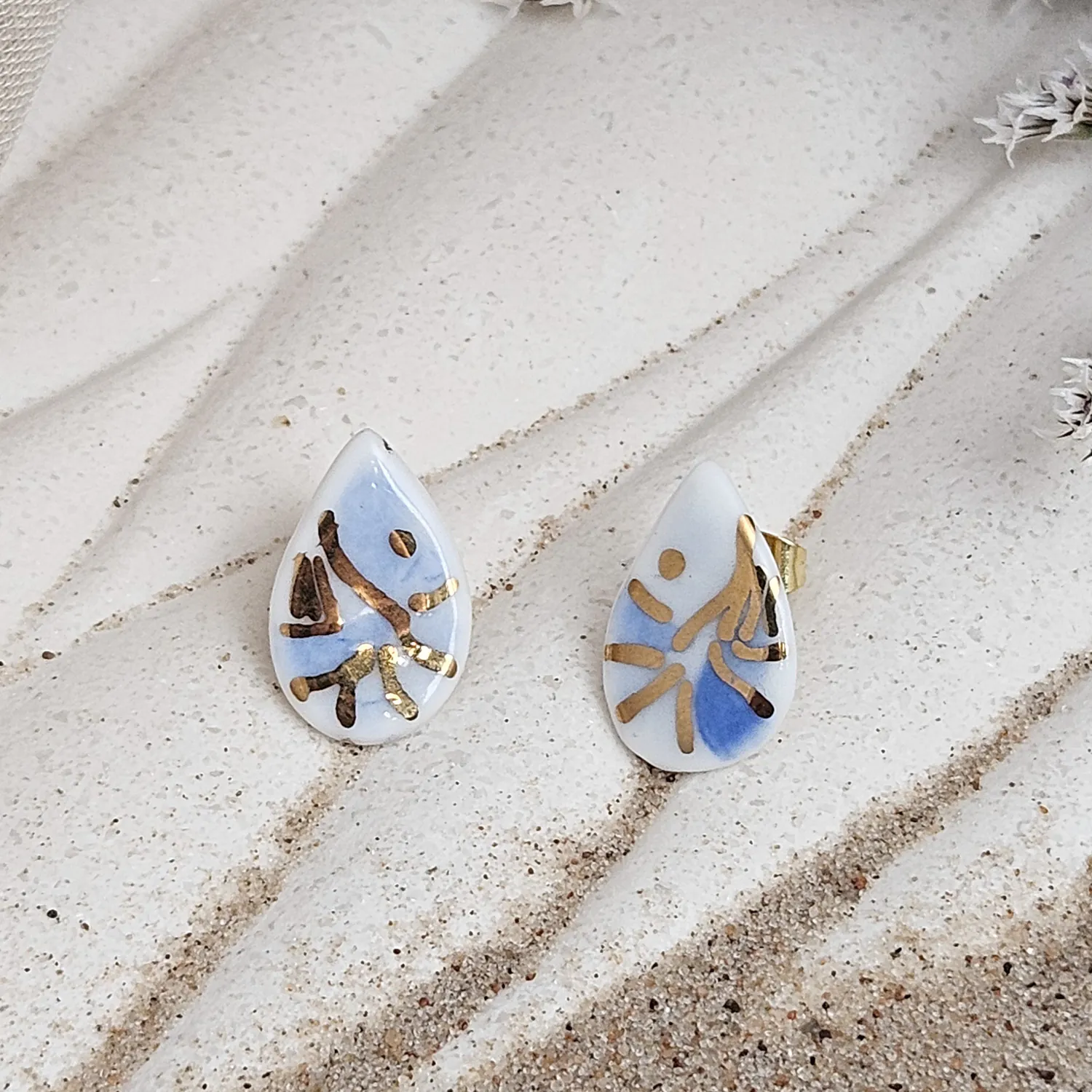 Cobalt blue fine ceramic porcelain hypoallergenic stud designer earrings for sensitive ears - hand-painted artisan shrimps with 22k gold plating