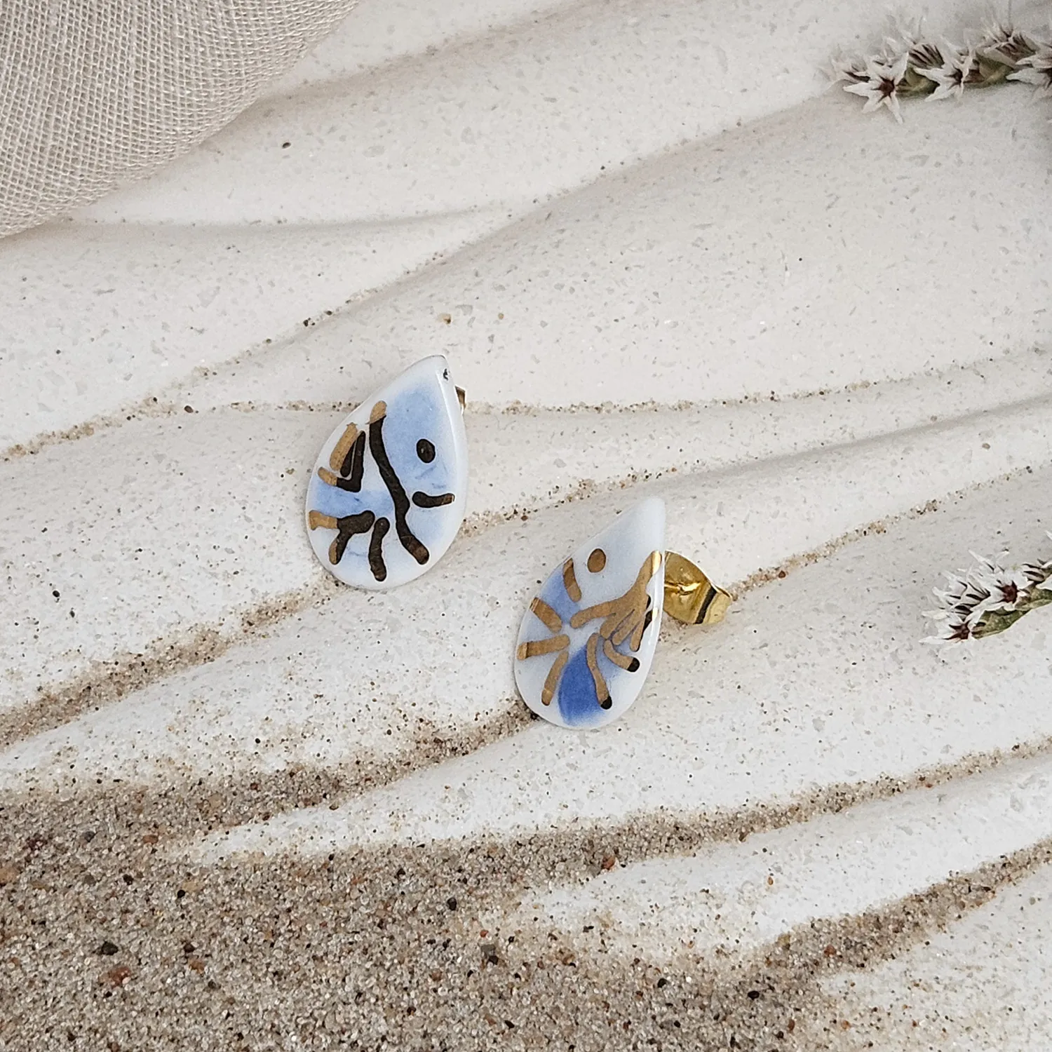 Cobalt blue fine ceramic porcelain hypoallergenic stud designer earrings for sensitive ears - hand-painted artisan shrimps with 22k gold plating - Image 2