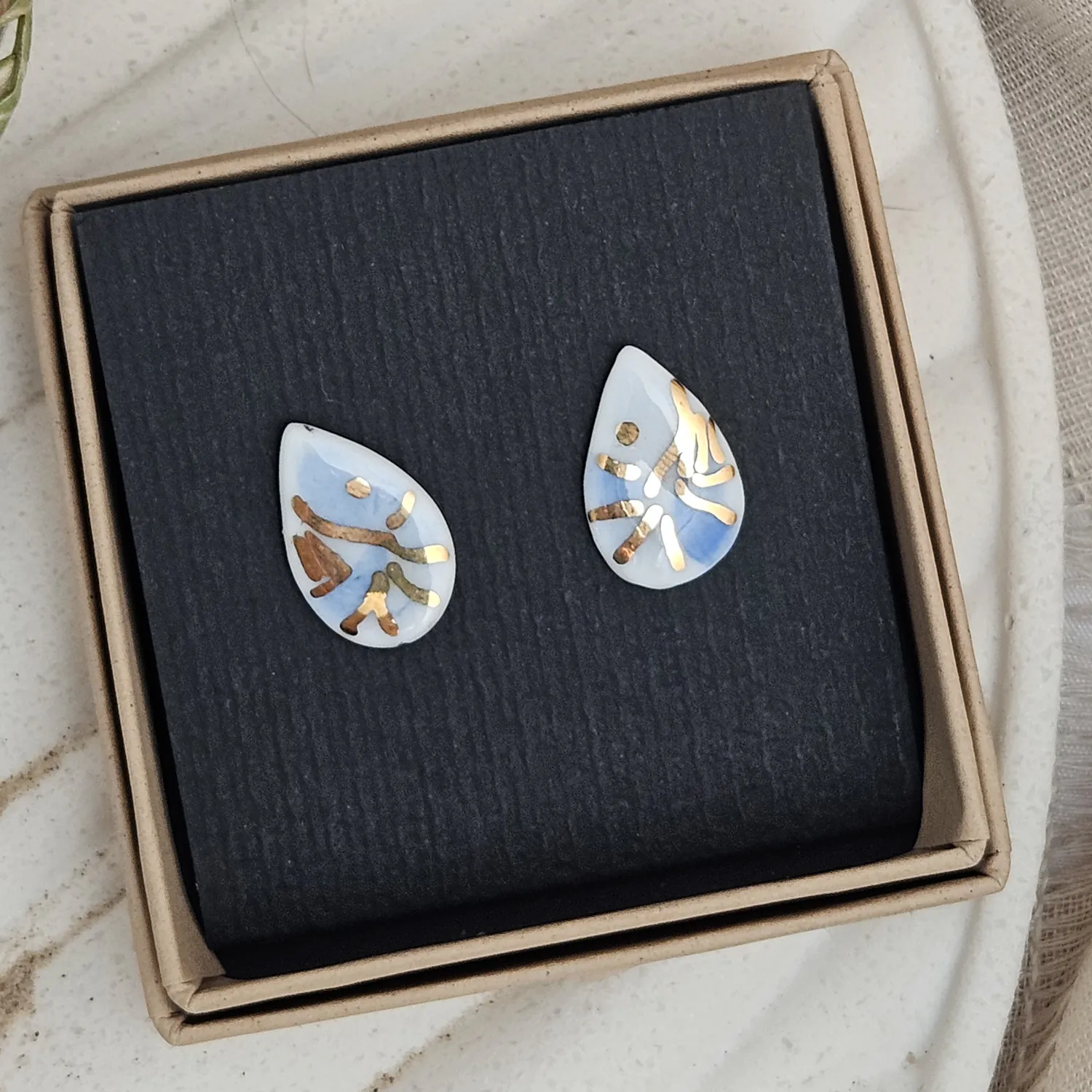 Cobalt blue fine ceramic porcelain hypoallergenic stud designer earrings for sensitive ears - hand-painted artisan shrimps with 22k gold plating - Image 4