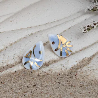 Cobalt blue fine ceramic porcelain hypoallergenic stud designer earrings for sensitive ears - hand-painted artisan shrimps with 22k gold plating