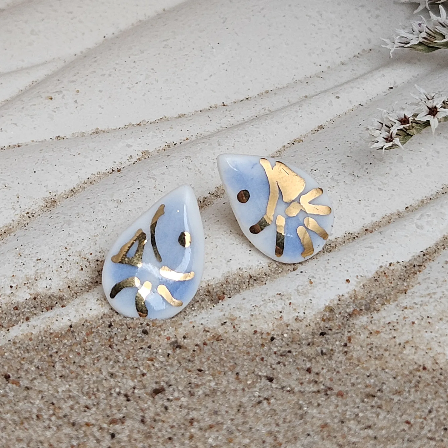 Cobalt blue fine ceramic porcelain hypoallergenic stud designer earrings for sensitive ears - hand-painted artisan shrimps with 22k gold plating