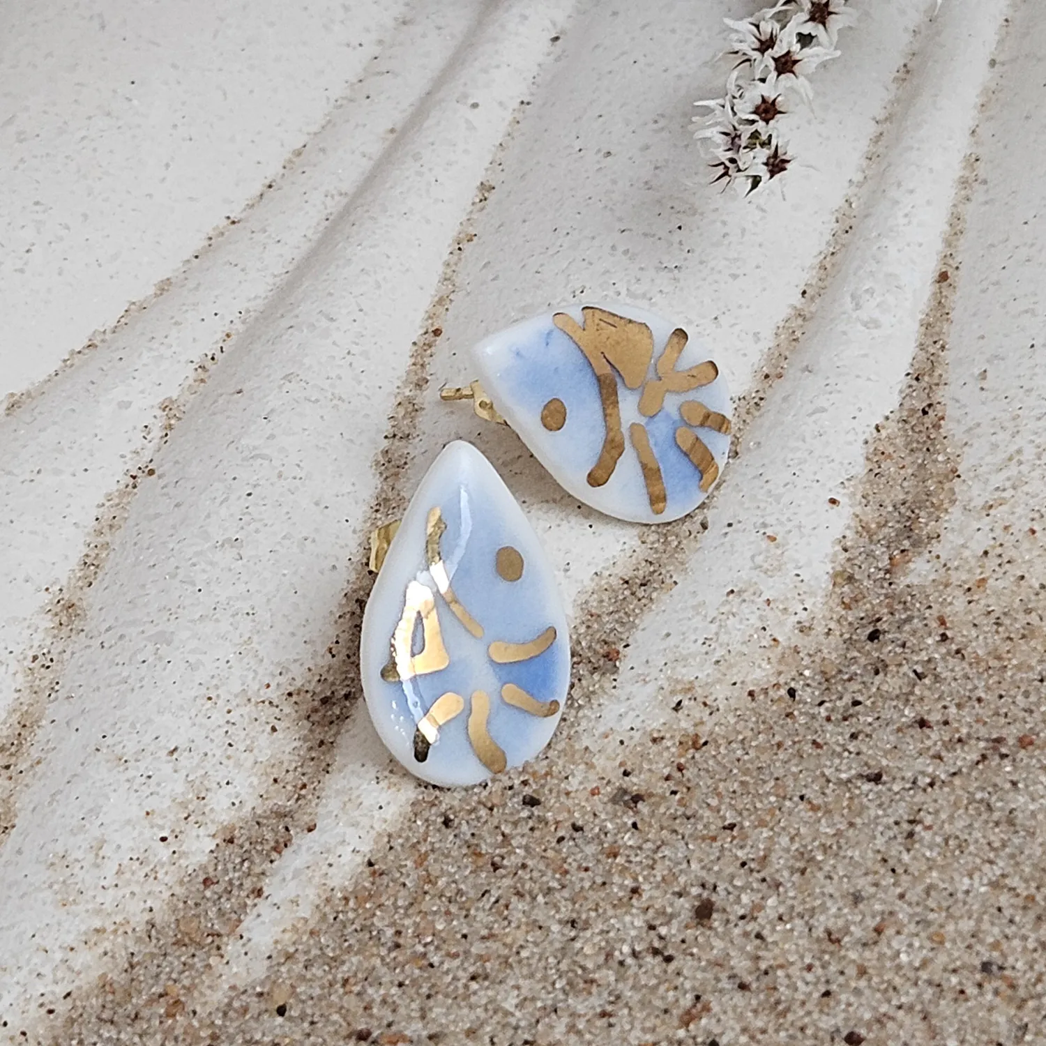 Cobalt blue fine ceramic porcelain hypoallergenic stud designer earrings for sensitive ears - hand-painted artisan shrimps with 22k gold plating - Image 2