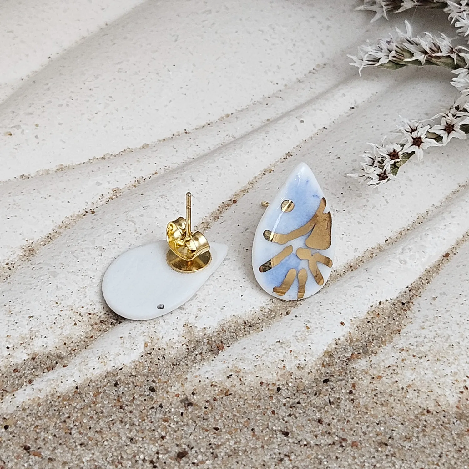 Cobalt blue fine ceramic porcelain hypoallergenic stud designer earrings for sensitive ears - hand-painted artisan shrimps with 22k gold plating - Image 3