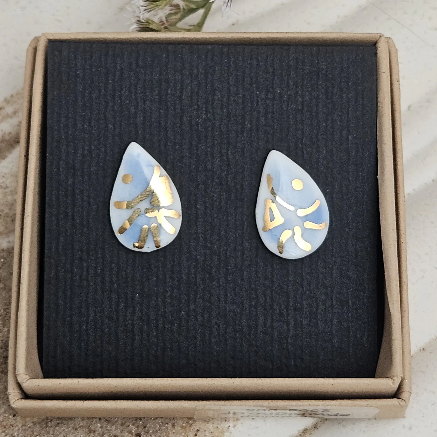 Cobalt blue fine ceramic porcelain hypoallergenic stud designer earrings for sensitive ears - hand-painted artisan shrimps with 22k gold plating - Image 4