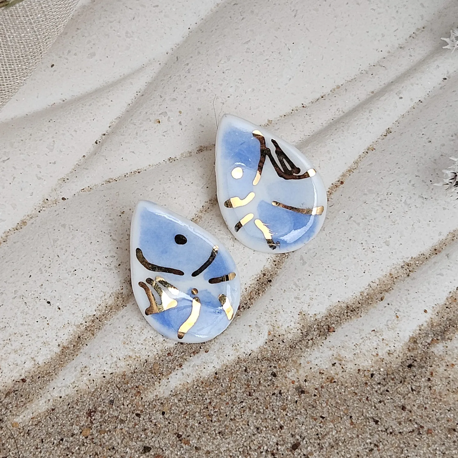 Cobalt blue fine ceramic porcelain hypoallergenic stud designer earrings for sensitive ears - hand-painted artisan shrimps with 22k gold plating
