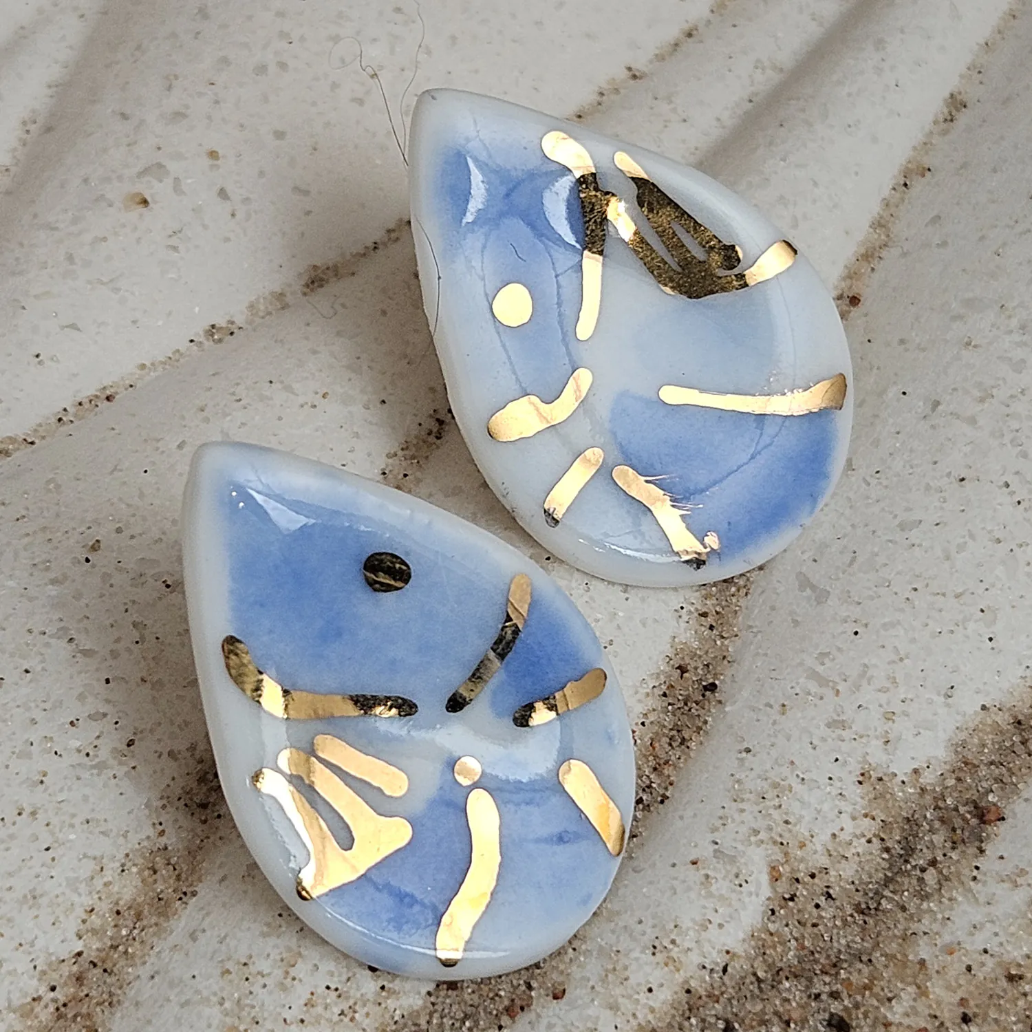 Cobalt blue fine ceramic porcelain hypoallergenic stud designer earrings for sensitive ears - hand-painted artisan shrimps with 22k gold plating - Image 2
