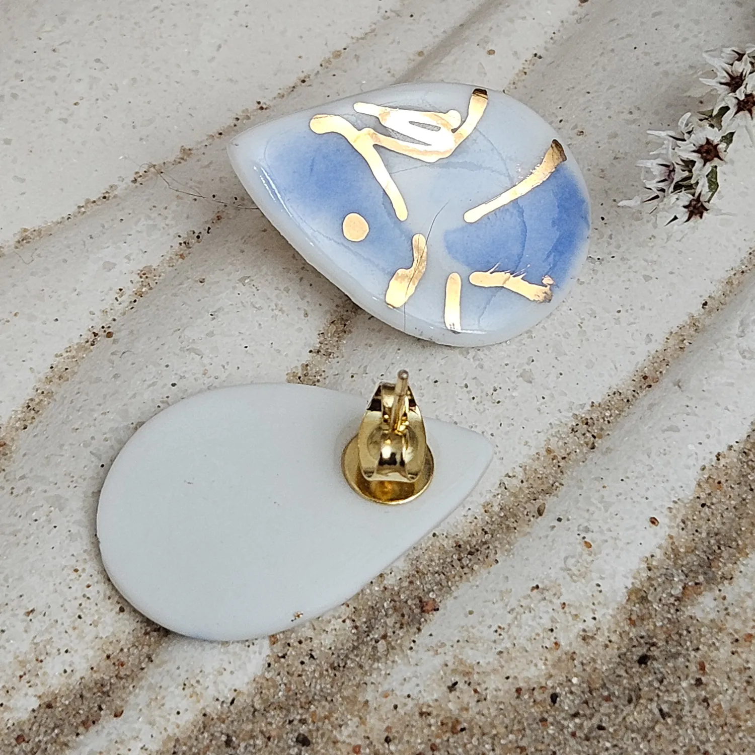 Cobalt blue fine ceramic porcelain hypoallergenic stud designer earrings for sensitive ears - hand-painted artisan shrimps with 22k gold plating - Image 3
