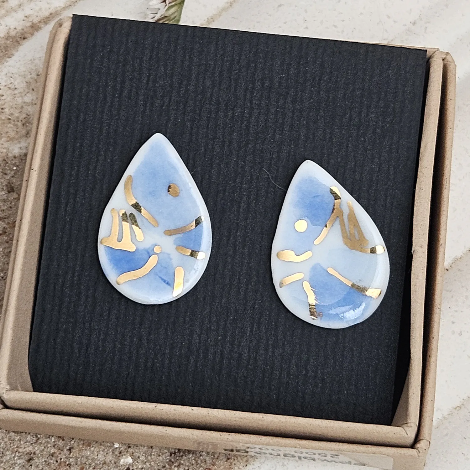 Cobalt blue fine ceramic porcelain hypoallergenic stud designer earrings for sensitive ears - hand-painted artisan shrimps with 22k gold plating - Image 5