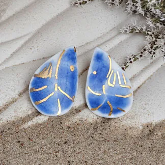 Cobalt blue fine ceramic porcelain hypoallergenic stud designer earrings for sensitive ears - hand-painted artisan shrimps with 22k gold plating