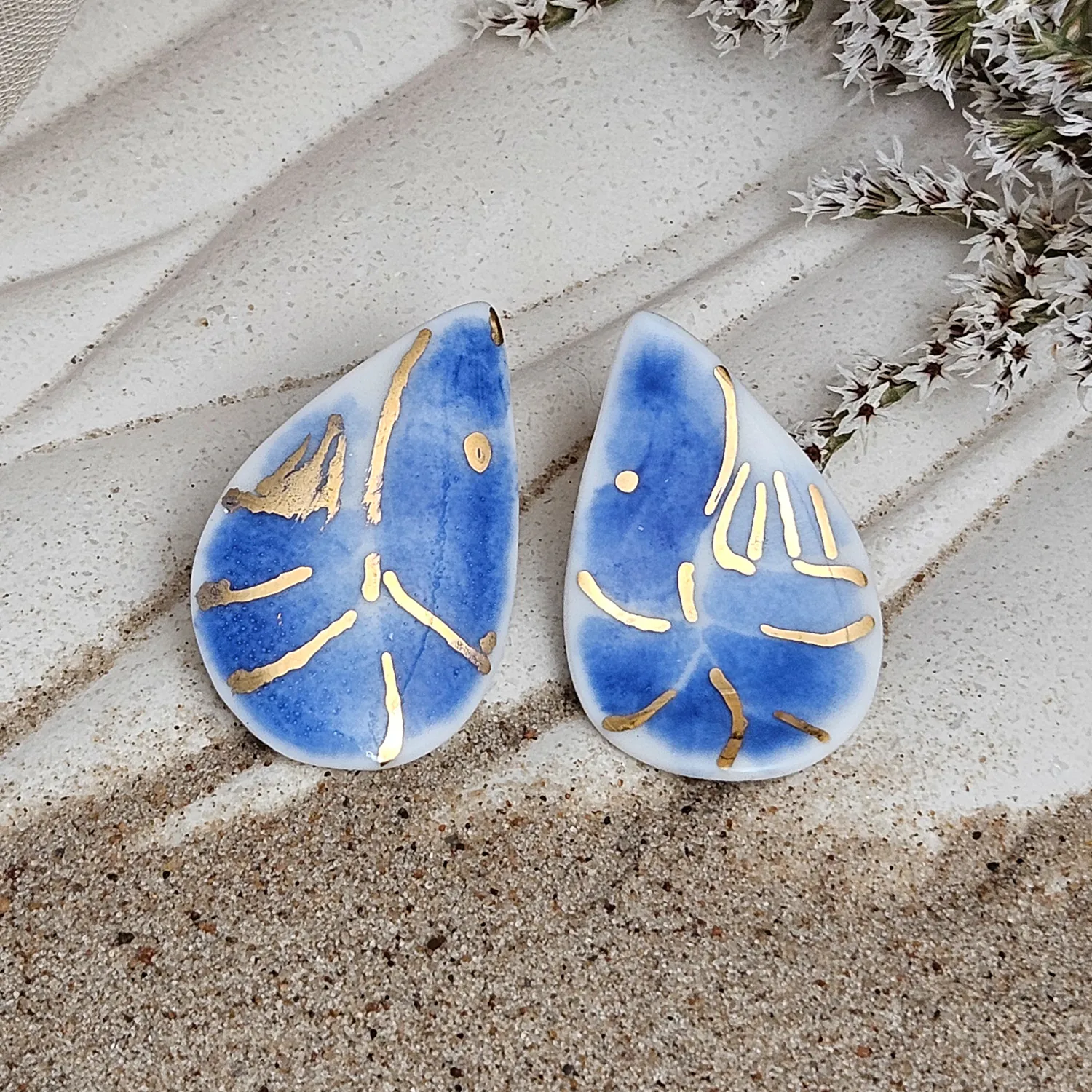 Cobalt blue fine ceramic porcelain hypoallergenic stud designer earrings for sensitive ears - hand-painted artisan shrimps with 22k gold plating
