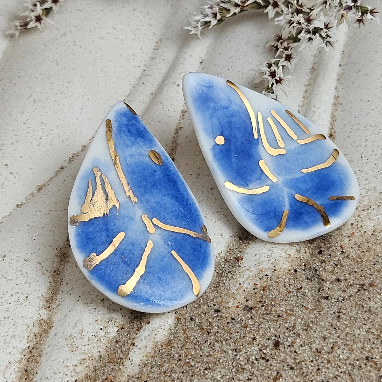Cobalt blue fine ceramic porcelain hypoallergenic stud designer earrings for sensitive ears - hand-painted artisan shrimps with 22k gold plating - Image 2