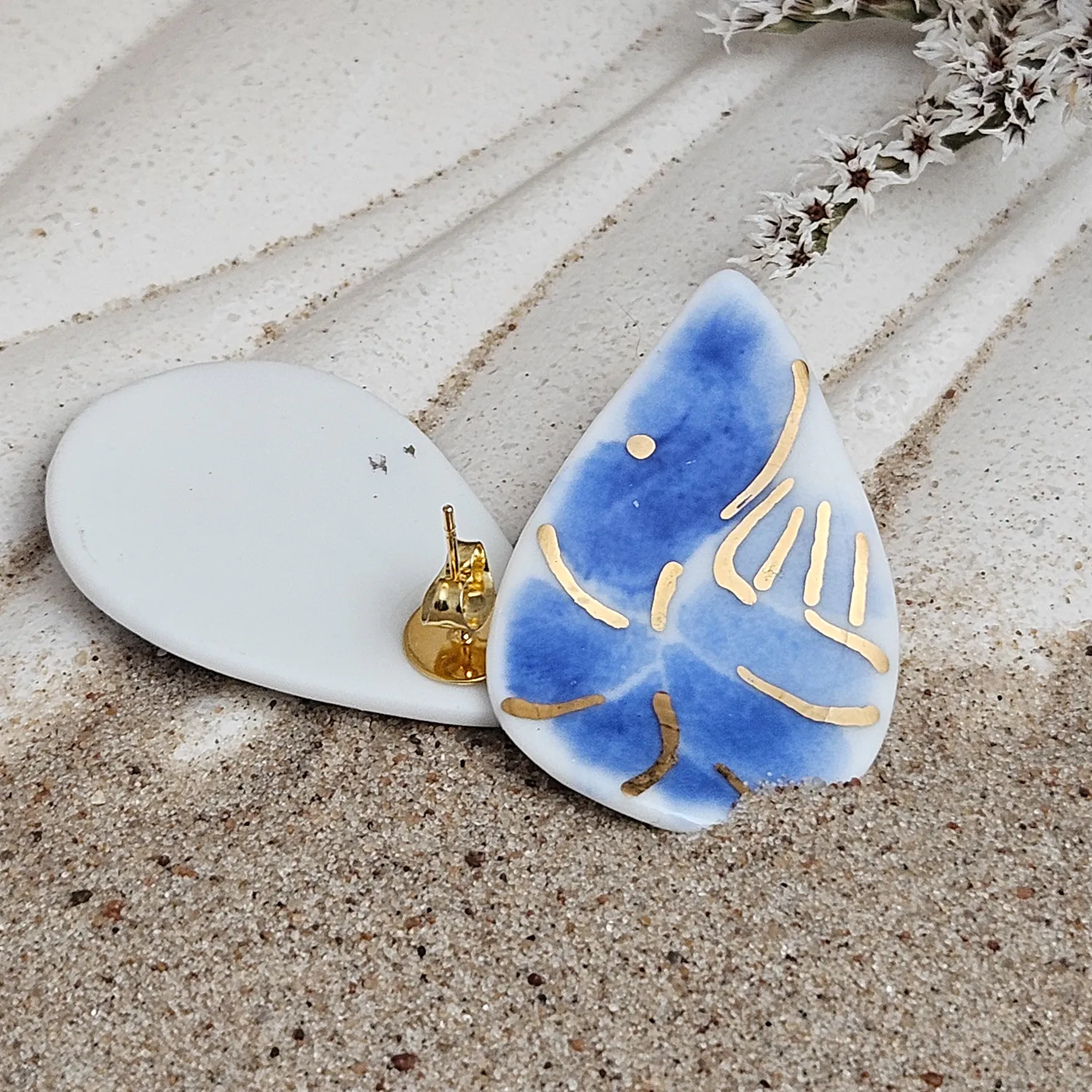 Cobalt blue fine ceramic porcelain hypoallergenic stud designer earrings for sensitive ears - hand-painted artisan shrimps with 22k gold plating - Image 3